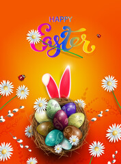 Orange card with Easter eggs in a nest, bunny ears.