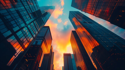 Skyscraper downtown silhouettes at sunset with colorful sun and reflections on office buildings.