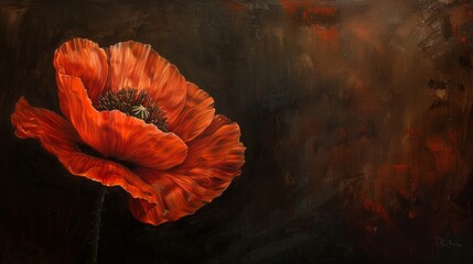 Vintage matte oil painting of a poppy flower, dark tones, Rembrandt, cottagecore aesthetic