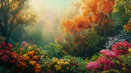 Foto auf Leinwand views of colorful flowers and green trees growing abundantly © Zidan