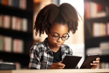 A young girl with glasses, engrossed in her digital reader - obrazy, fototapety, plakaty