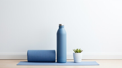 Yoga Mat and Water Bottle with Plant on Floor - obrazy, fototapety, plakaty