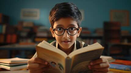 A Young Boy in Glasses Reading a Book. Fictional Character Created By Generated By Generated AI. - obrazy, fototapety, plakaty