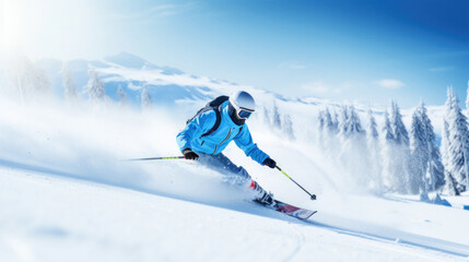 Skier in Blue Suit Carving on Snowy Slope