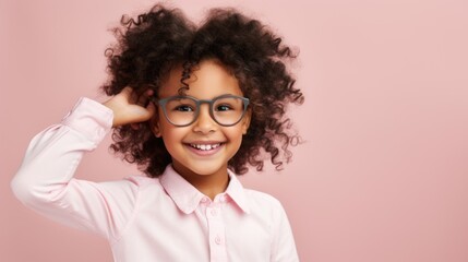 Obraz premium A charming little girl with glasses and ponytails smiling brightly. Fictional Character Created By Generated By Generated AI.