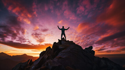Silhouette of Person Celebrating on Mountain Peak at Sunset - obrazy, fototapety, plakaty