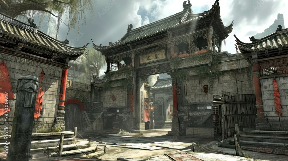 Poster a screenshot of a chinese courtyard with steps leading up to the entrance to a building with a clock