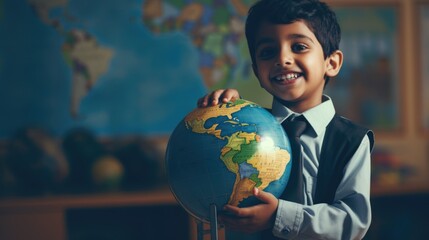 A Smiling Young Boy Holding a Globe. Fictional Character Created By Generated By Generated AI.
