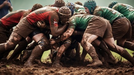 Muddy Rugby Scrum in Intense Team Match - obrazy, fototapety, plakaty