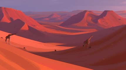 a couple of giraffe standing on top of a lush green field next to a tall red sand hill.