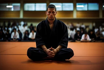 Rolgordijnen Martial Artist Meditating on Dojo Floor © Polypicsell