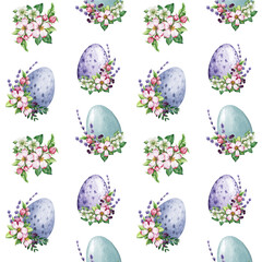 Easter painted eggs with spring flower decor seamless pattern. Watercolor illustration. Hand drawn festive traditional colored egg decoration with tender flowers, lavender. Easter seamless pattern