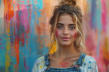 Portrait of a young woman with freckles, wearing denim overalls, in front of a colorful abstract mural.