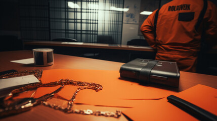 Interrogation Room with Inmate's Personal Items - obrazy, fototapety, plakaty