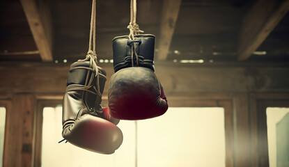 Hanging Boxing Gloves in a Vintage Gym - obrazy, fototapety, plakaty