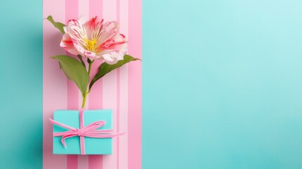 a pink flower sitting on top of a blue box with a pink ribbon on a blue and pink striped wall.