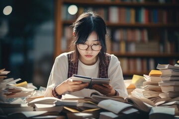 A woman studying in a library, surrounded by books and using a digital device.