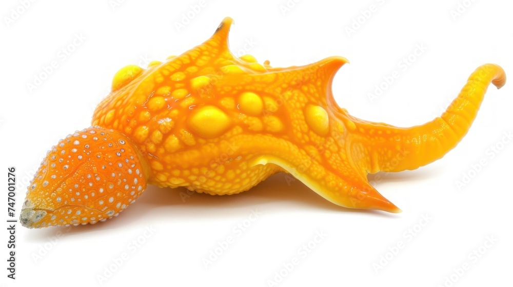 Poster a close up of a yellow toy snail on a white background with drops of water on it's shell.
