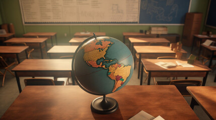 Classroom Interior with Globe on Desk