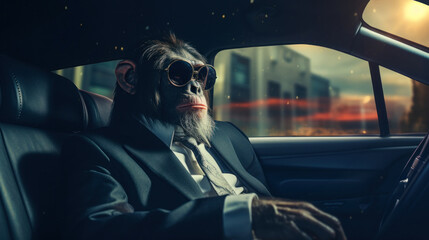 Chimpanzee in Suit Riding in a Luxury Car