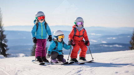 Fototapeta na wymiar Children Enjoying Skiing on a Sunny Snowy Slope