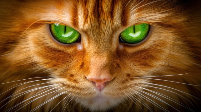 a close up of a cat's face with green eyes and whiskers on it's face.