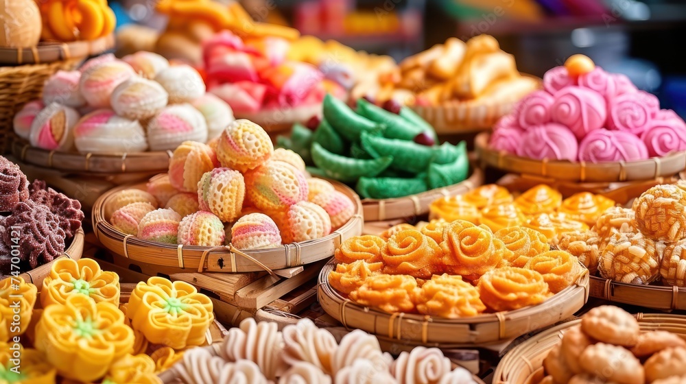 Poster a table topped with baskets filled with lots of different types of cookies and cookies on top of woo