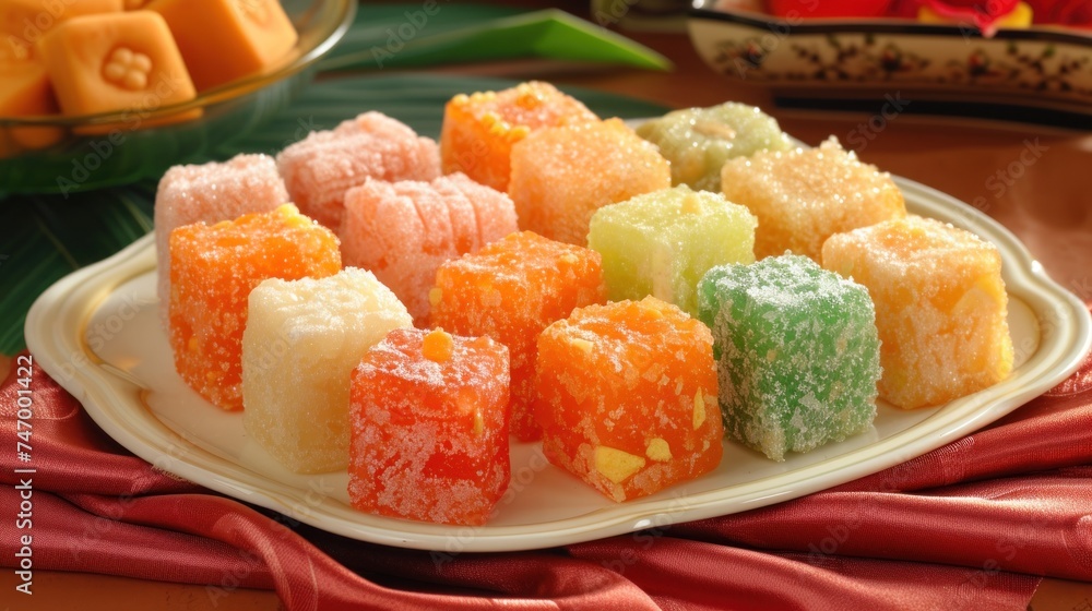 Poster a close up of a plate of food with many different types of candies on a table with a bowl of fruit i