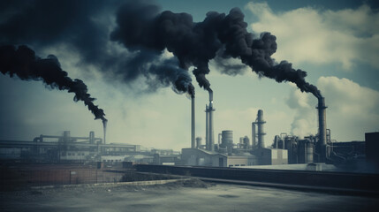 Industrial Smokestacks Emitting Pollution into Atmosphere - obrazy, fototapety, plakaty