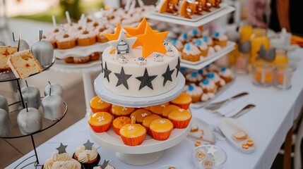 a table topped with lots of cupcakes next to a table filled with cupcakes and muffins.