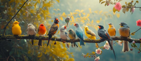 Peaceful Avian Gathering: Birds Resting on a Lush Tree Branch in Nature - Powered by Adobe