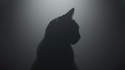 a black and white photo of a cat with its head turned to the side in the light of a spotlight.