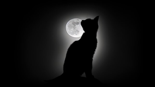 a black and white photo of a cat in the dark with a full moon in the sky in the background.