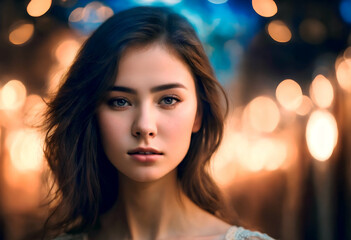 Portrait of a beautiful young girl. Close-up of the face. soft, blurred background, bokeh.Developing hair.	