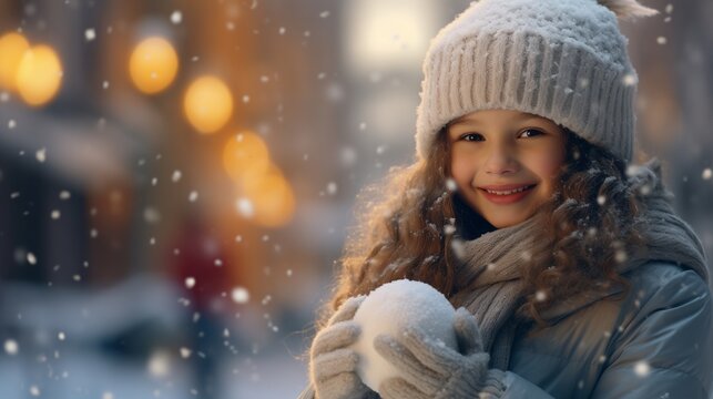 A heartwarming image captures the pure joy of a smiling little girl, gleefully holding a snowball while enjoying a beautiful winter park during a delightful snowfall. 