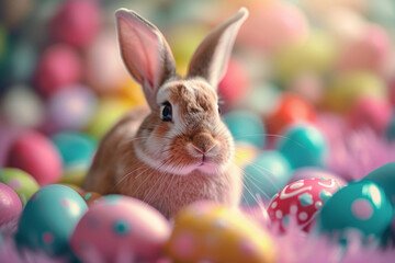 Fototapeta na wymiar Easter Bunny Amongst Vibrant Decorative Eggs