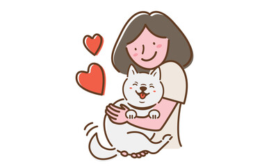かわいい白い柴犬を抱っこしながらなでる女性の飼い主のシンプルなイラスト