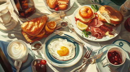 Obraz premium a painting of a breakfast of eggs, ham, oranges, and croissants on a table.
