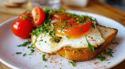a close up of a plate of food with tomatoes and an egg on a piece of bread on a table.