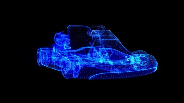 Karting car. Low poly wireframe Polygonal Video Footage with connected dots and blue bright light model Kart.