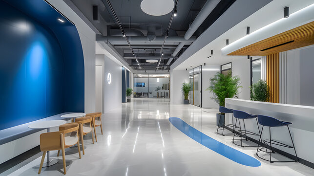 A wide office space interior with modern minimalist design and a multicolor color scheme