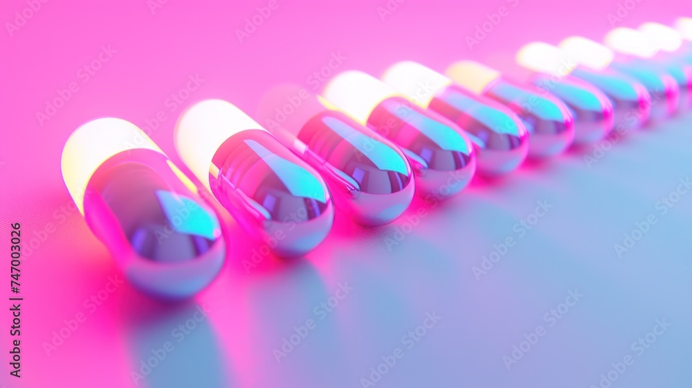 Poster a row of toothbrushes sitting next to each other on a pink and blue surface with a pink background.