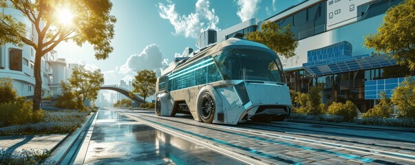 electric truck vehicle powered by electric alternative energy in a futuristic car design with clean energy with solar panel powered residential home for the environment concepts, Generative AI - obrazy, fototapety, plakaty