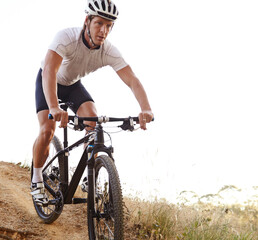 Man, bicycle and countryside for nature, off road and cycling for health and wellness. Athlete,...