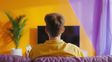 a back of head white man sitting on sofa in yellow shirt have a big card in his hand and watch tV in a yellow purple tv room raw mode