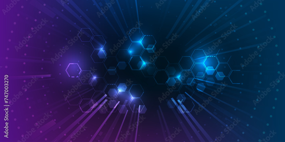 Poster futuristic digital hi tech background with bright glowing purple and blue hexagonal network pattern.