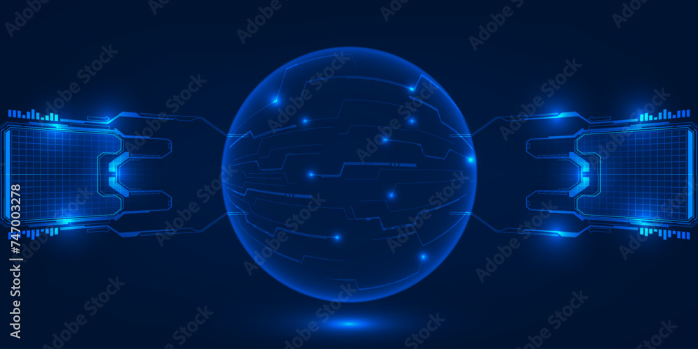 Poster vector illustrations of abstract blue futuristic globe digital economic or metaverse with hi-tech cu