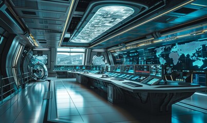 modern high-tech futuristic control room or center as wide banner. Generative AI