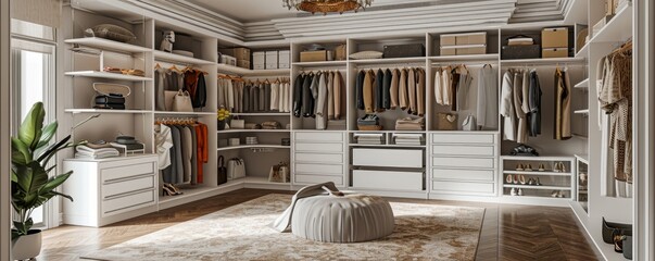 walk in closet bedroom organizer with drawers and shelves rack for clothes and accessories, wide banner with copy space area for home interior, Generative AI
