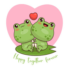 Cute couple of frogs in love with heart. Funny animal kawaii character. Vector illustration. Cool card valentine with romantic slogan.